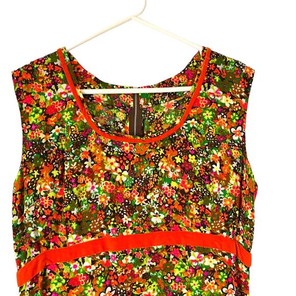 Vintage 60s Floral Orange Green Brown Empire Waist Midi Dress Velvet Ribbon - Picture 2 of 8